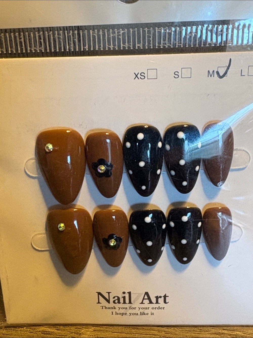 Press-On Nail Set — Brown & Black Polka Dot Design